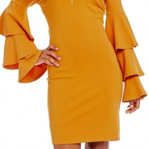 GIANNI BINI Tinsley mustard off-shoulder tiered bell sleeve bodycon dress NEW